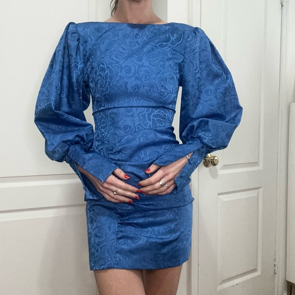 Blue Sheath Dress with Bishop Sleeves and Bateau Neckline